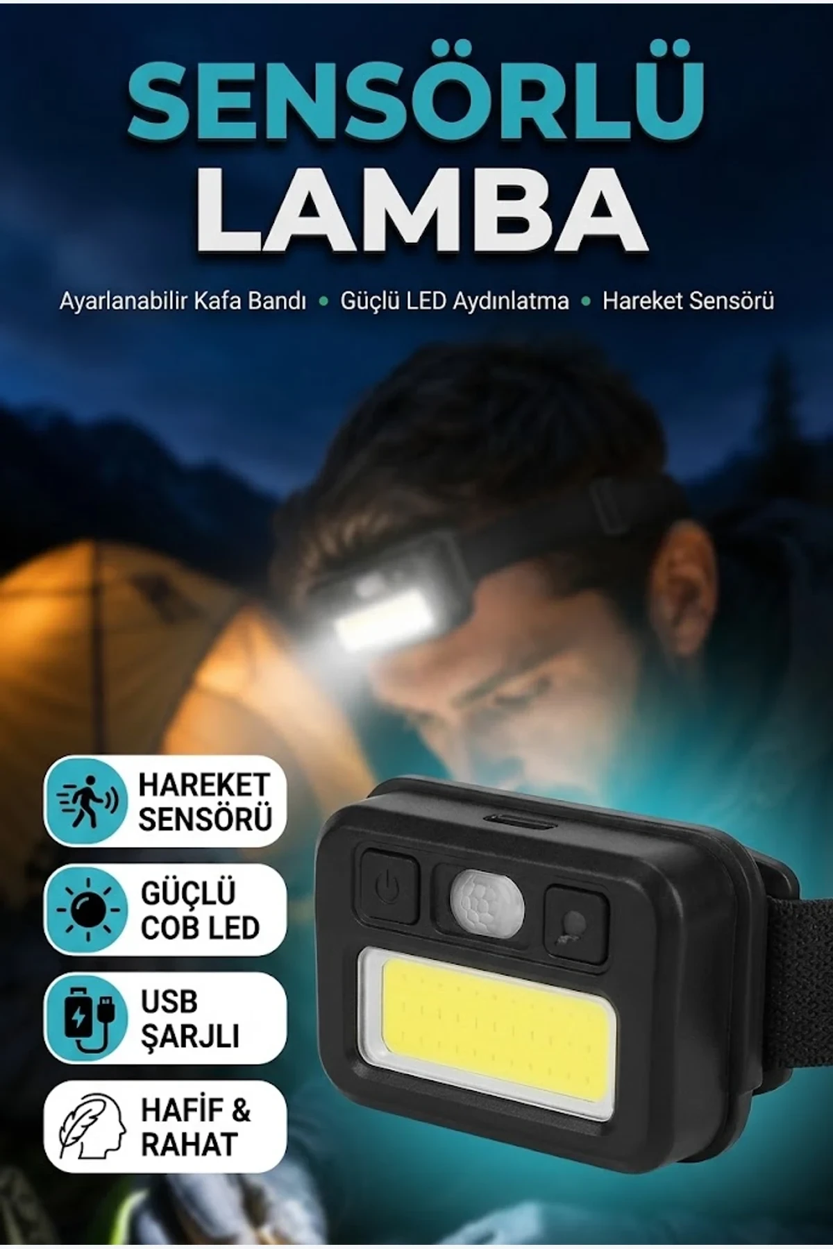 Sensörlü Şarjlı LED Kafa Lambası – 6 LED, Ayarlanabilir Kafa Bandı
