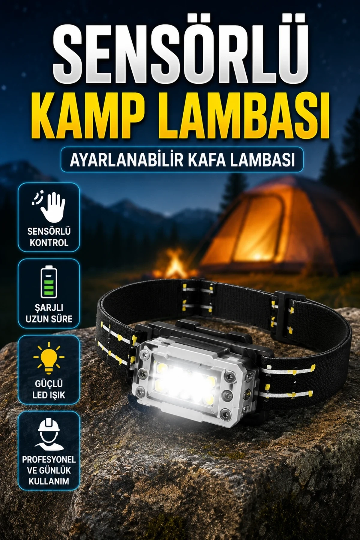 Sensörlü Şarjlı LED Kafa Lambası 6 LED Ayarlanabilir Kafa Bandı