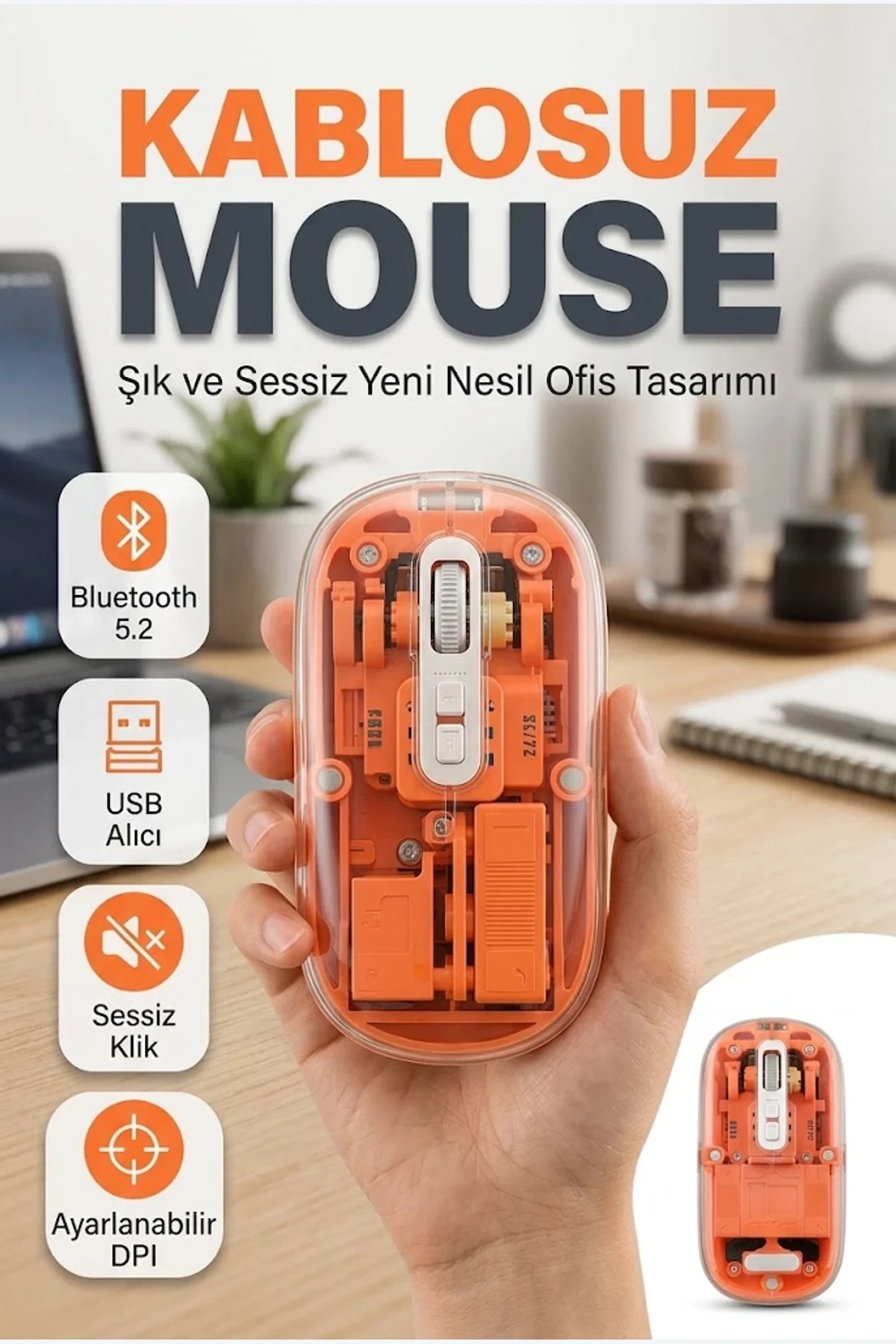 Sessiz Tıklamalı Bluetooth Kablosuz Mouse Şeffaf Ergonomik Tasarım