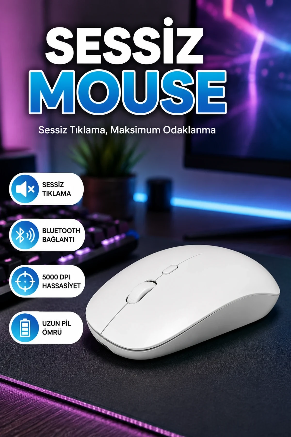 Sessiz Tıklamalı Ergonomik Bluetooth Kablosuz Oyuncu Mouse