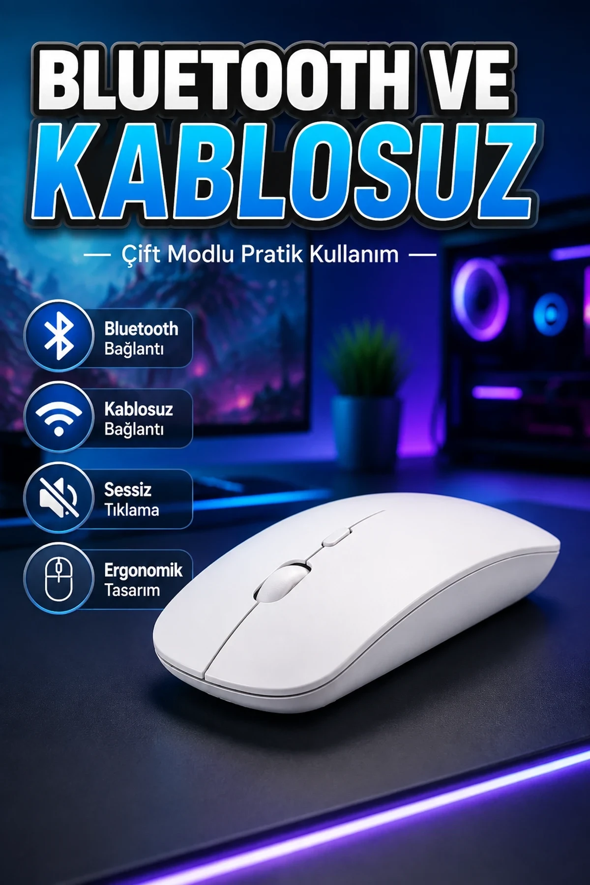 Sessiz Tıklamalı Ergonomik Bluetooth Kablosuz Oyuncu Mouse