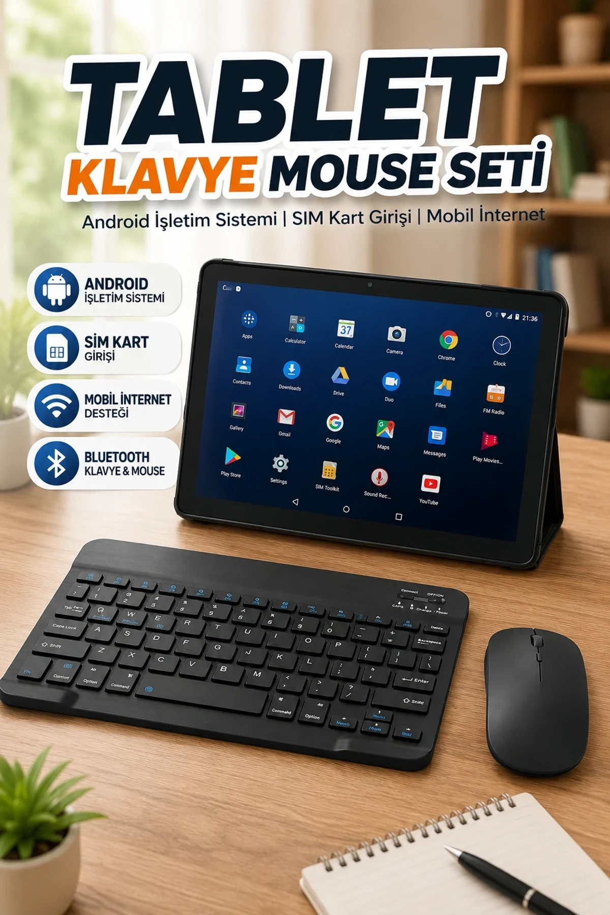 SIM Kartlı Android Tablet Bluetooth Klavye ve Mouse Seti Mobil İnternet Destekli