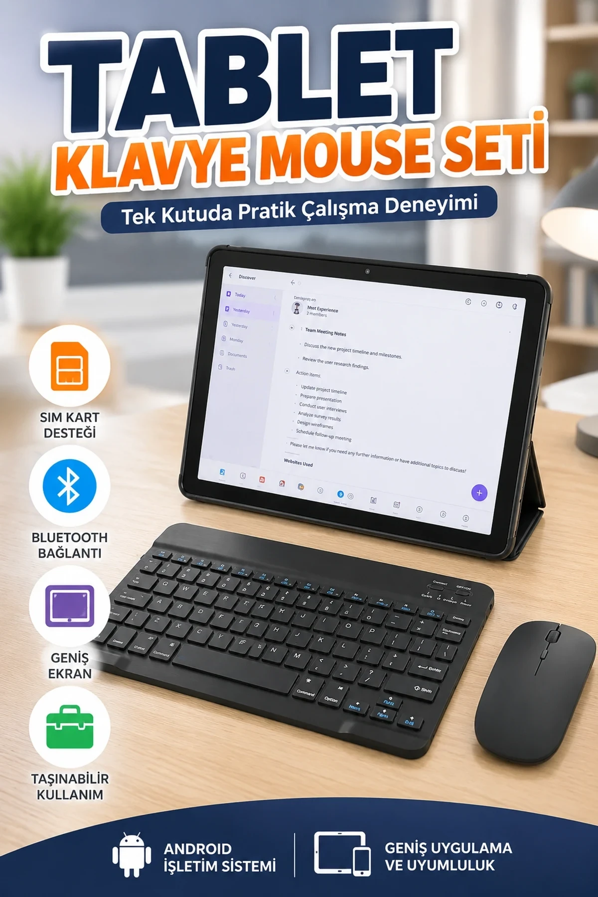 SIM Kartlı Android Tablet Seti Bluetooth Klavye ve Kablosuz Mouse Geniş Ekran Taşınabilir Kullanım