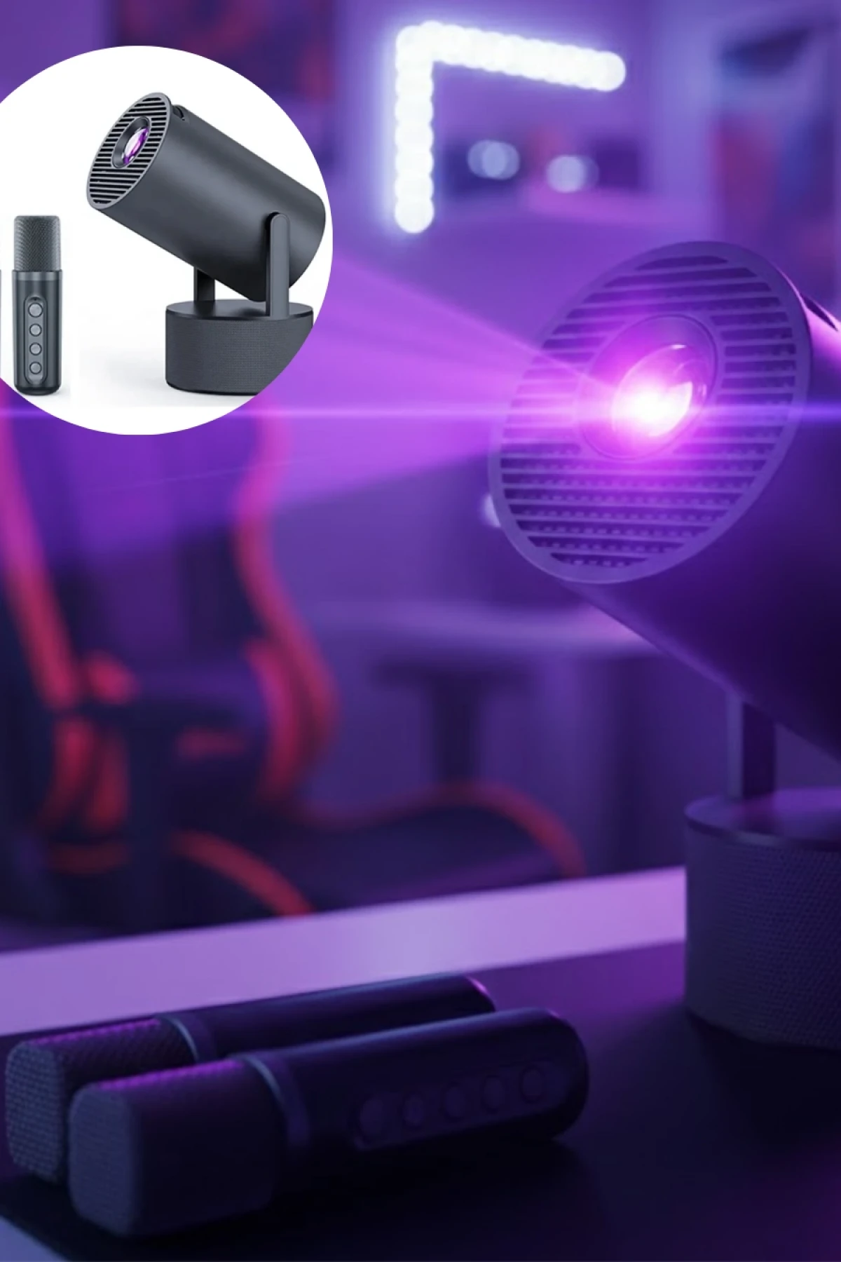 Siyah Android Karaoke Projeksiyon Cihazı – 1080P, Çift Kablosuz Mikrofon, 180° Döner Başlık