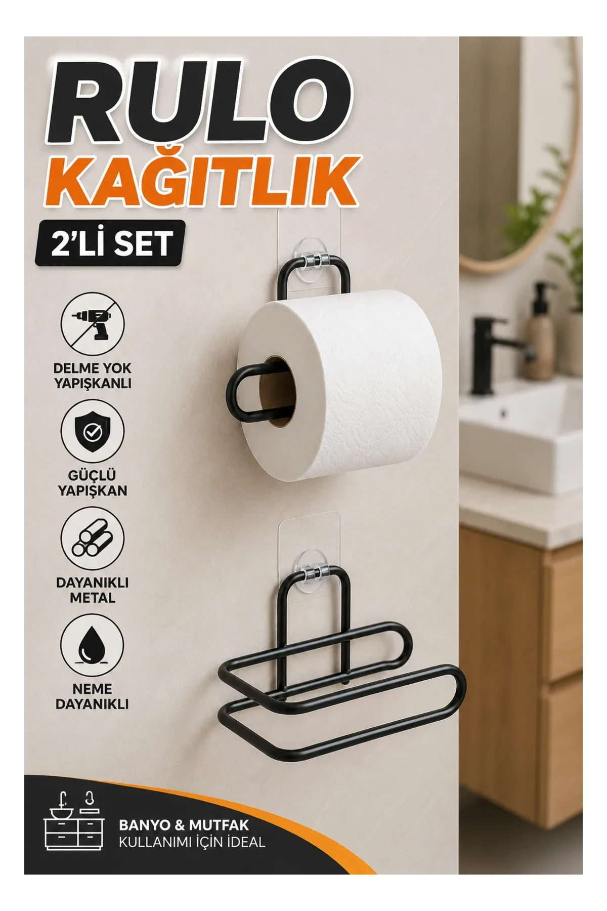 Siyah Yapışkanlı Rulo Kağıt Tutucu 2’li Set