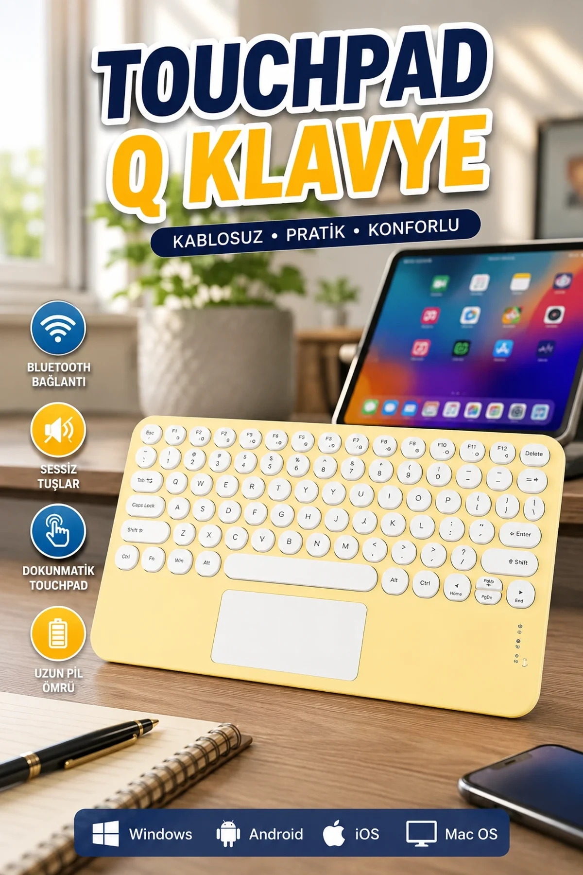 Slim Touchpad Bluetooth Q Klavye – Telefon ve Tablet Uyumlu Kablosuz Kullanım