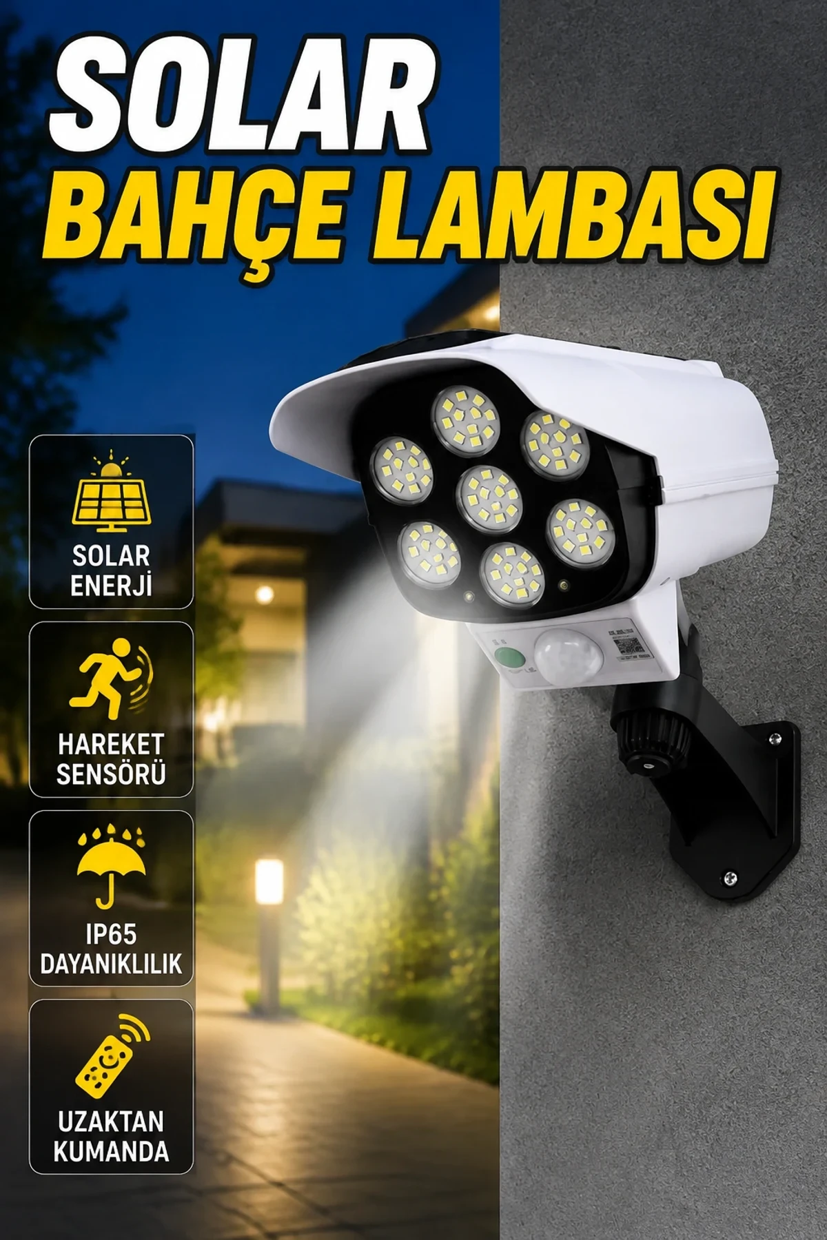 Güneş Enerjili Kamera Görünümlü Bahçe Lambası – Hareket Sensörlü ve Uzaktan Kumandalı