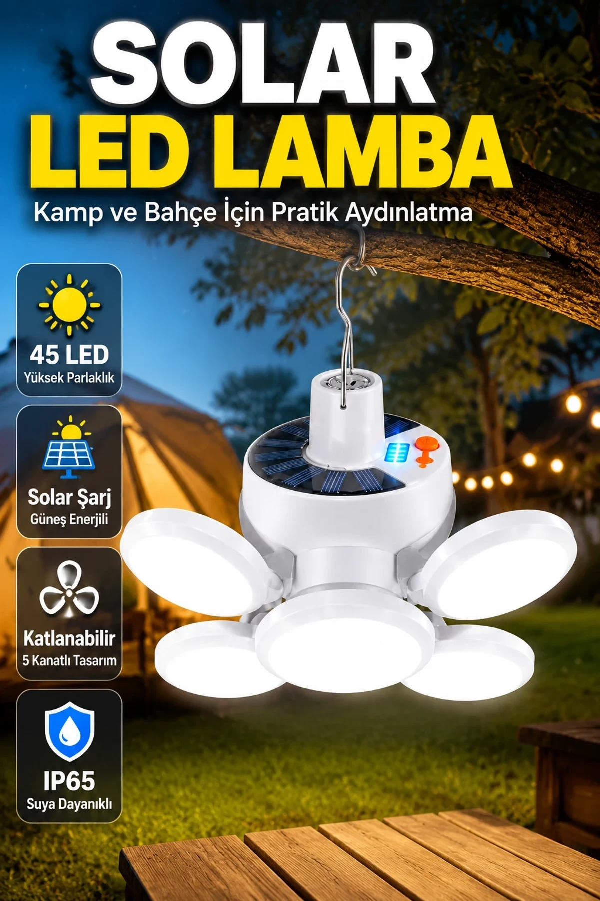 Katlanabilir 5 Kanatlı Solar LED Kamp Lambası – 45 LED 2400mAh IP65