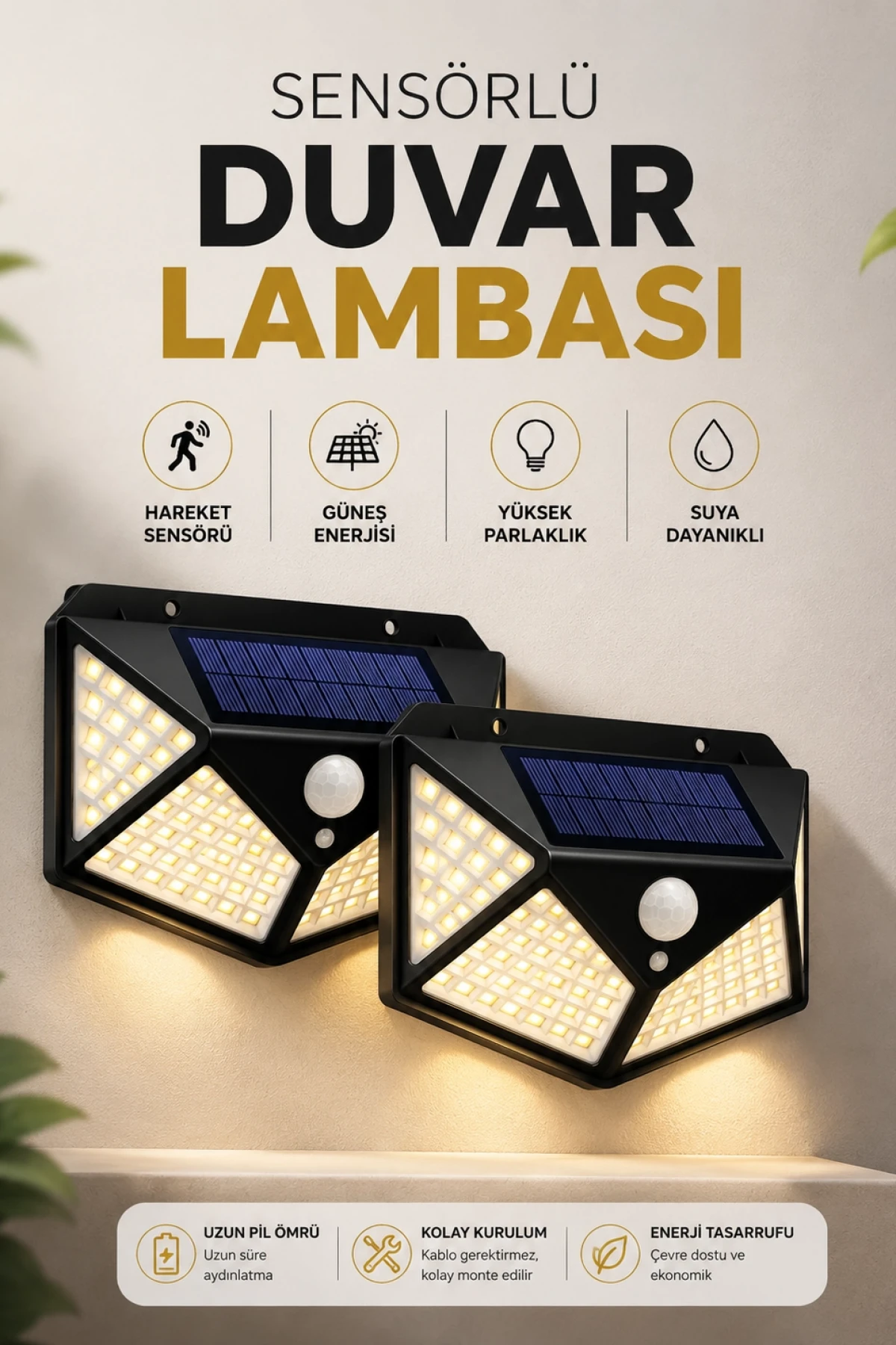 Solar Sensörlü Duvar Lambası 100 LED IP65 Suya Dayanıklı Bahçe Aydınlatması Beyaz Işık
