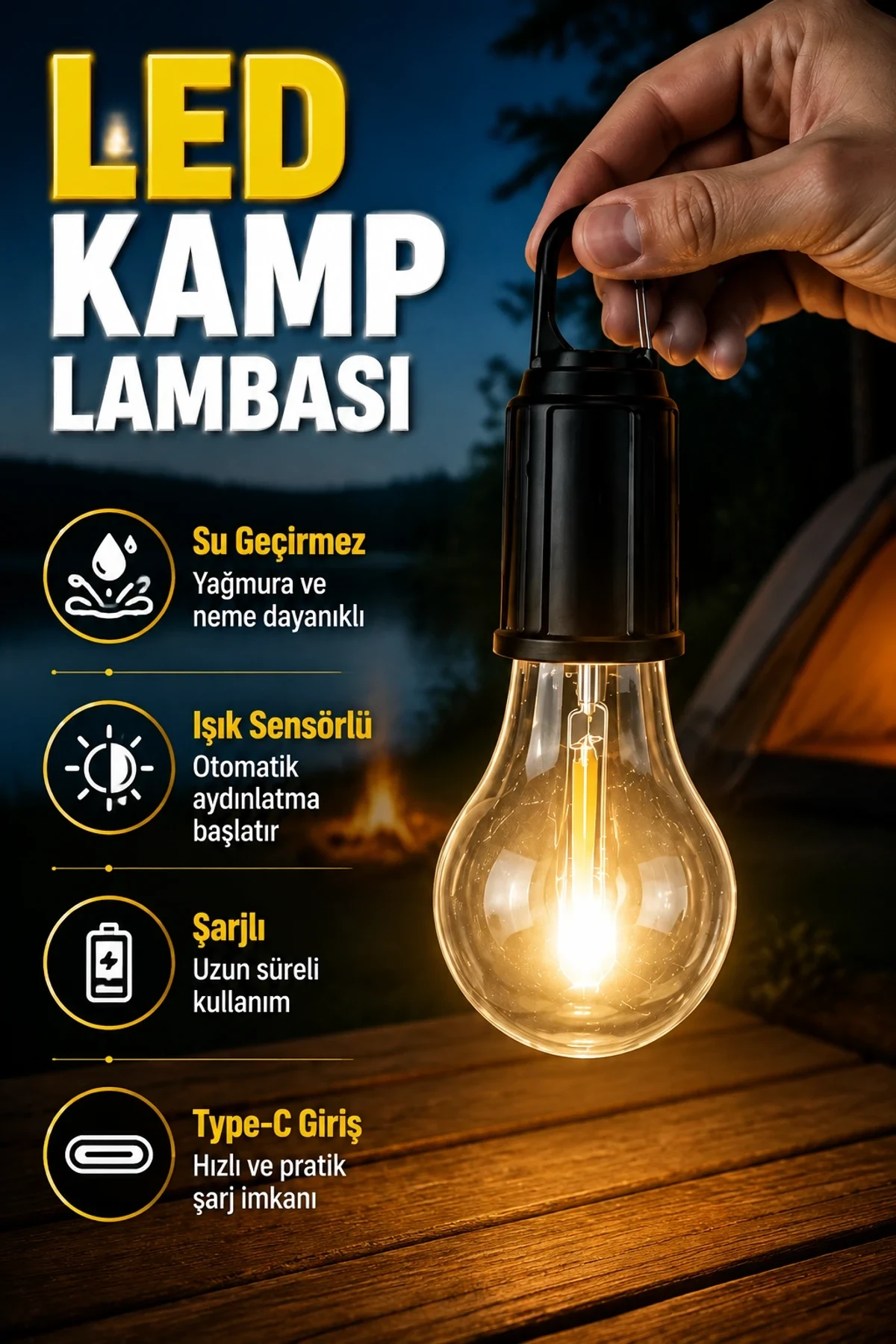 Su Geçirmez Şarjlı LED Kamp Lambası – Işık Sensörlü ve Type-C Girişli