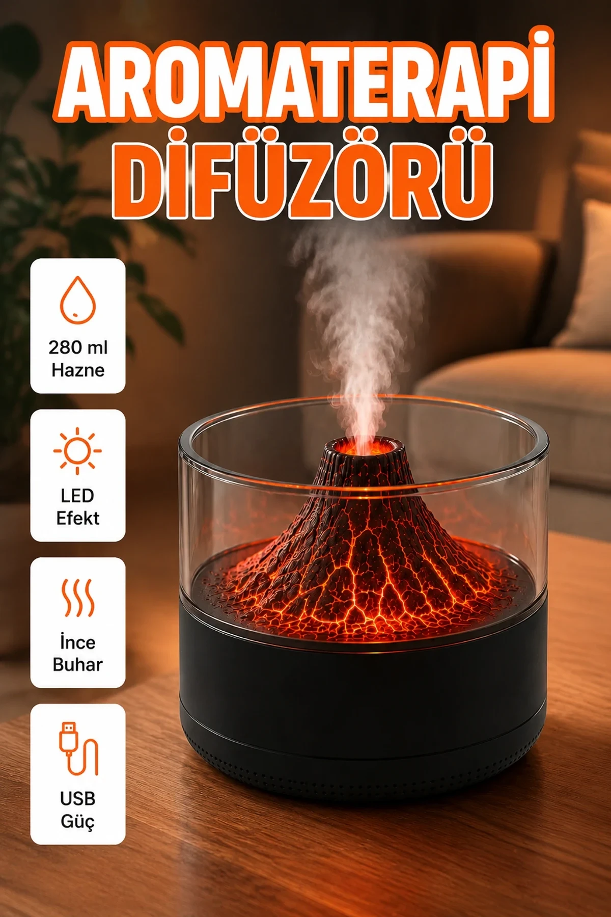 Volkanik Tasarımlı Aromaterapi Difüzörü – LED Alev Efekti ve 7 Renkli Işık
