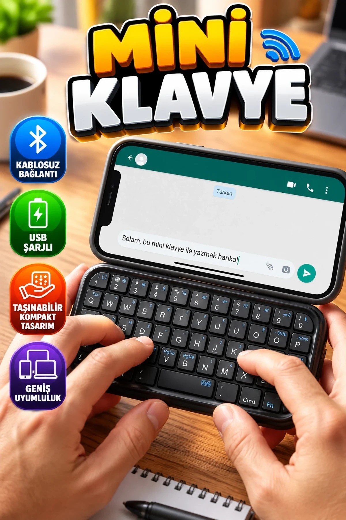 Taşınabilir Mini Bluetooth Klavye – USB Şarjlı Kablosuz Tasarım