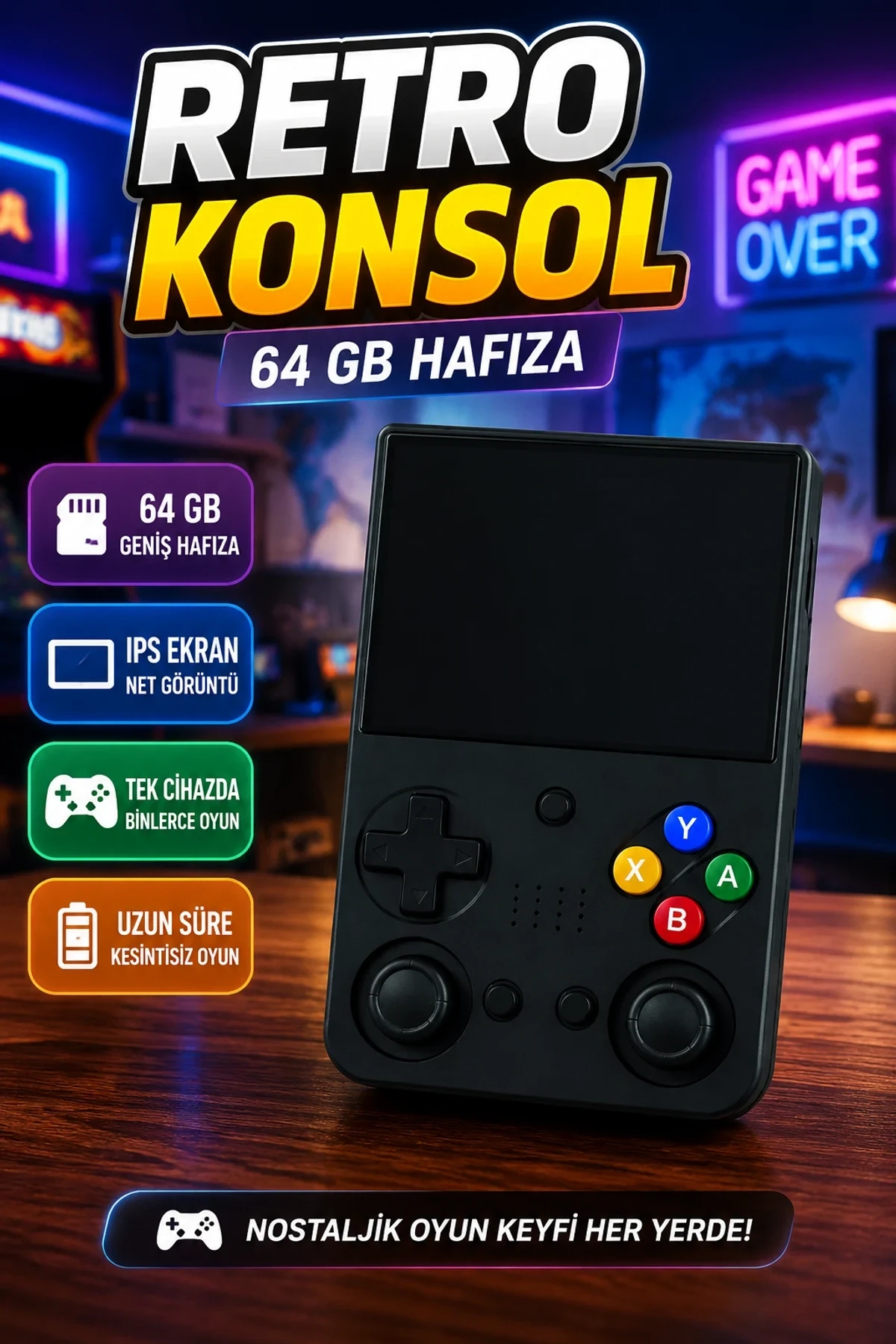 Taşınabilir Retro El Oyun Konsolu 64GB IPS Ekran Çift Analog Joystick Linux Sistem
