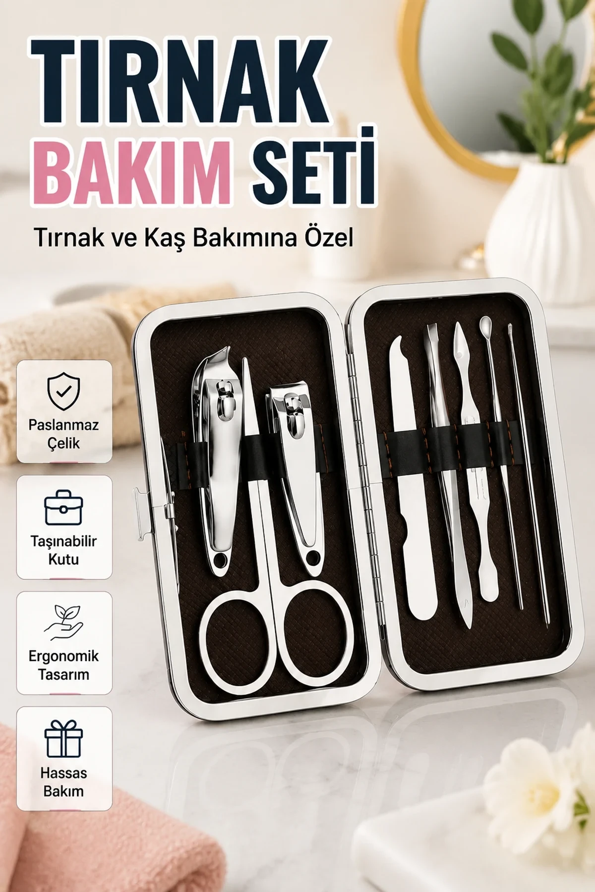 Paslanmaz Çelik Tırnak, Kaş ve Kişisel Bakım Seti – Taşıma Çantalı