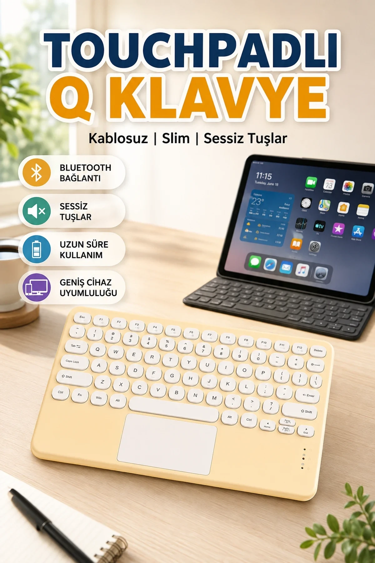 Touchpadli Slim Bluetooth Q Klavye – Android ve iOS Uyumlu Kablosuz Klavye
