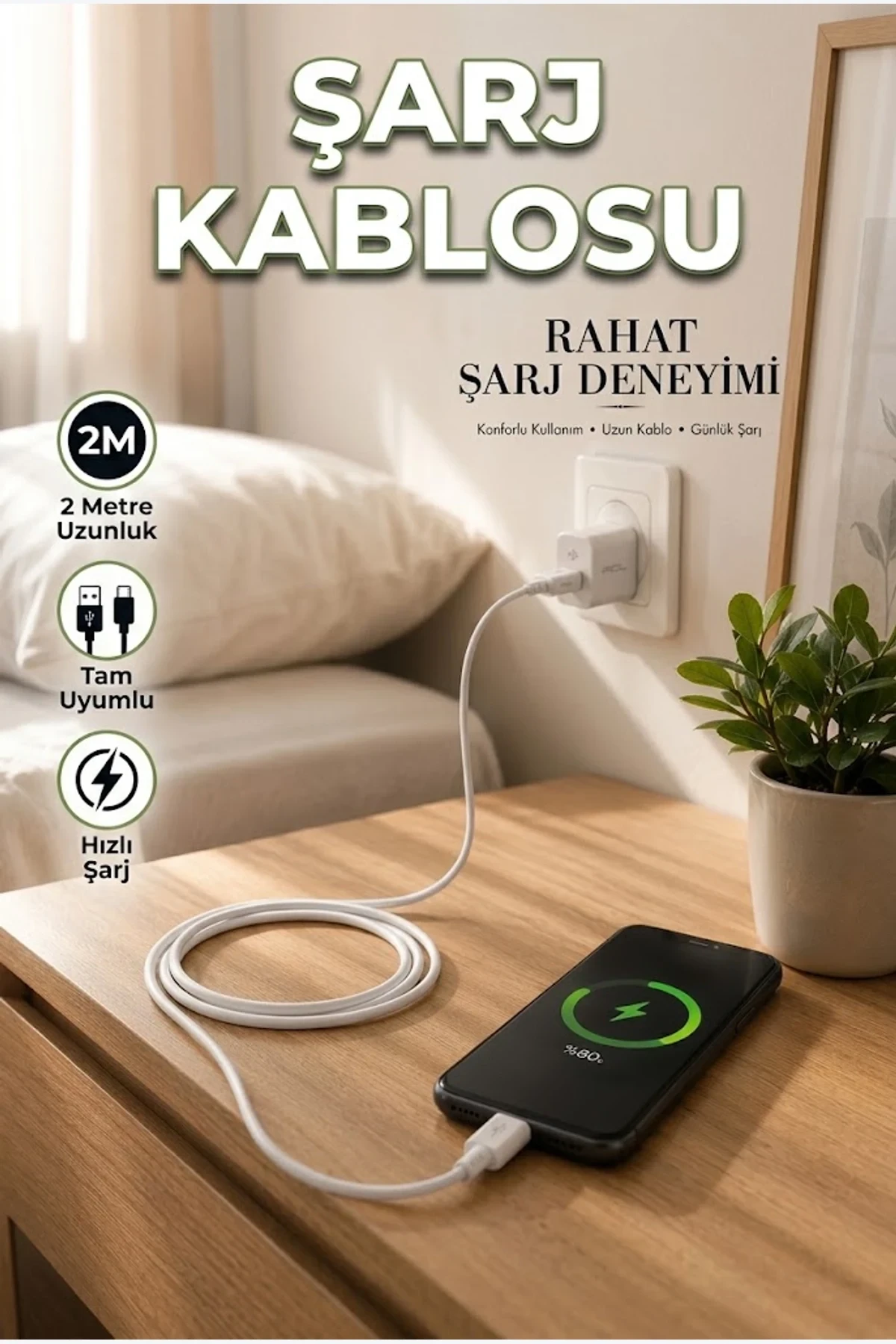 USB-A to Type-C Şarj Kablosu 2 Metre Uzunluk