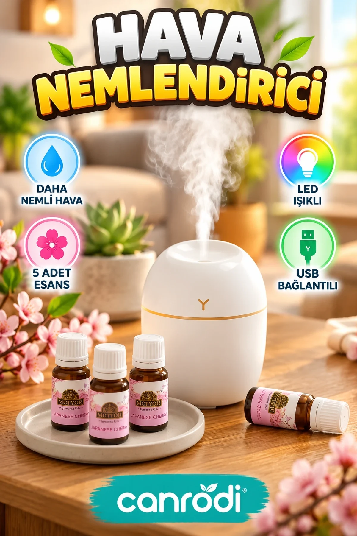 USB Mini Hava Nemlendirici Aromaterapi Difüzörü LED Işıklı 5 Esanslı