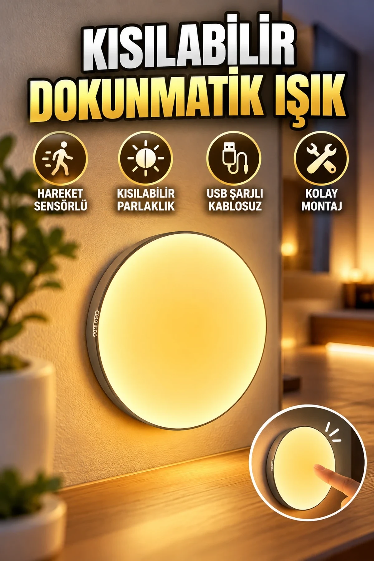 USB Şarjlı Hareket Sensörlü LED Gece Lambası – Kablosuz Duvar Tipi