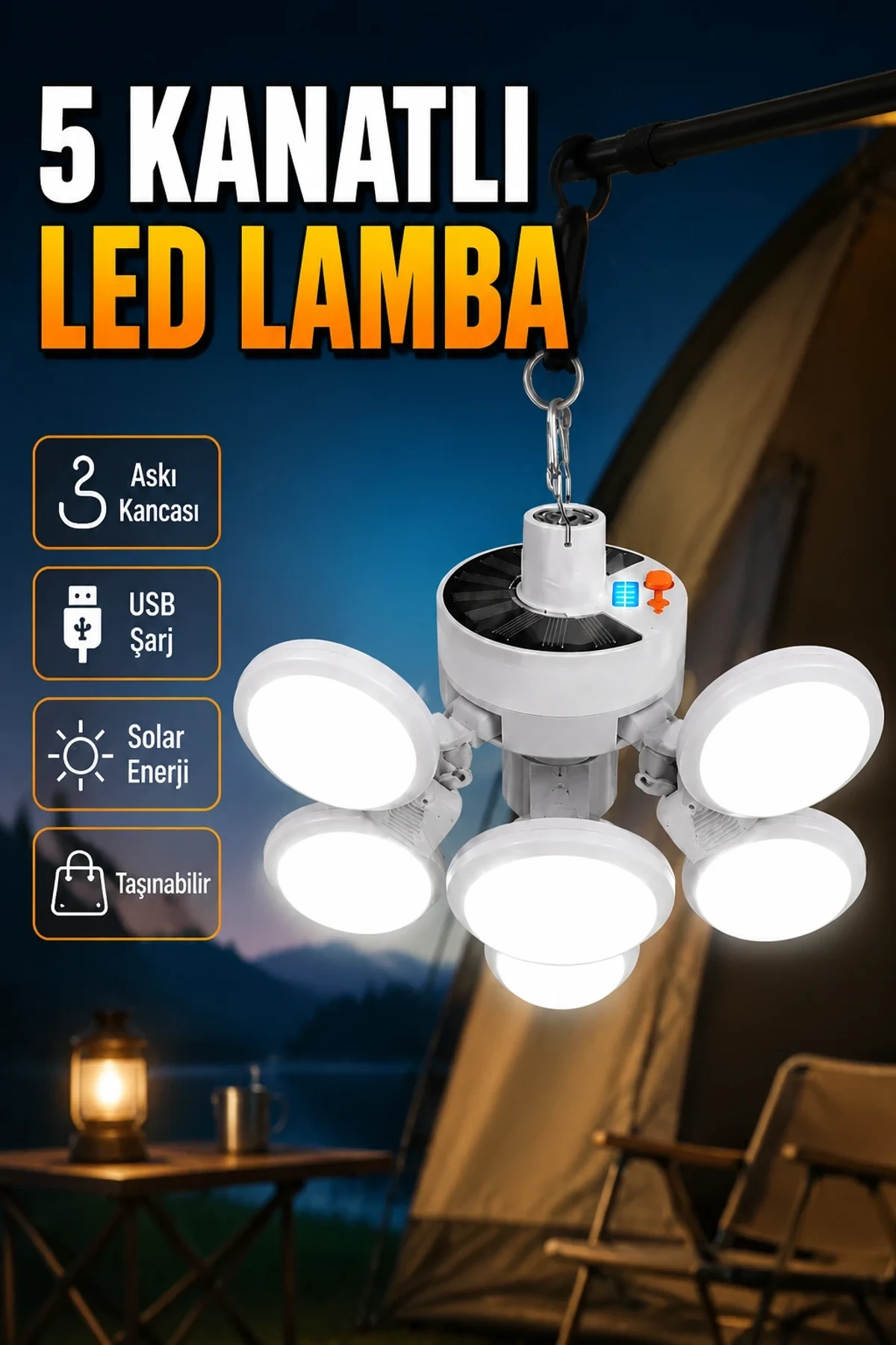 Katlanabilir 5 Kanatlı LED Lamba – USB ve Solar Şarj | 45 LED 2400mAh IP65