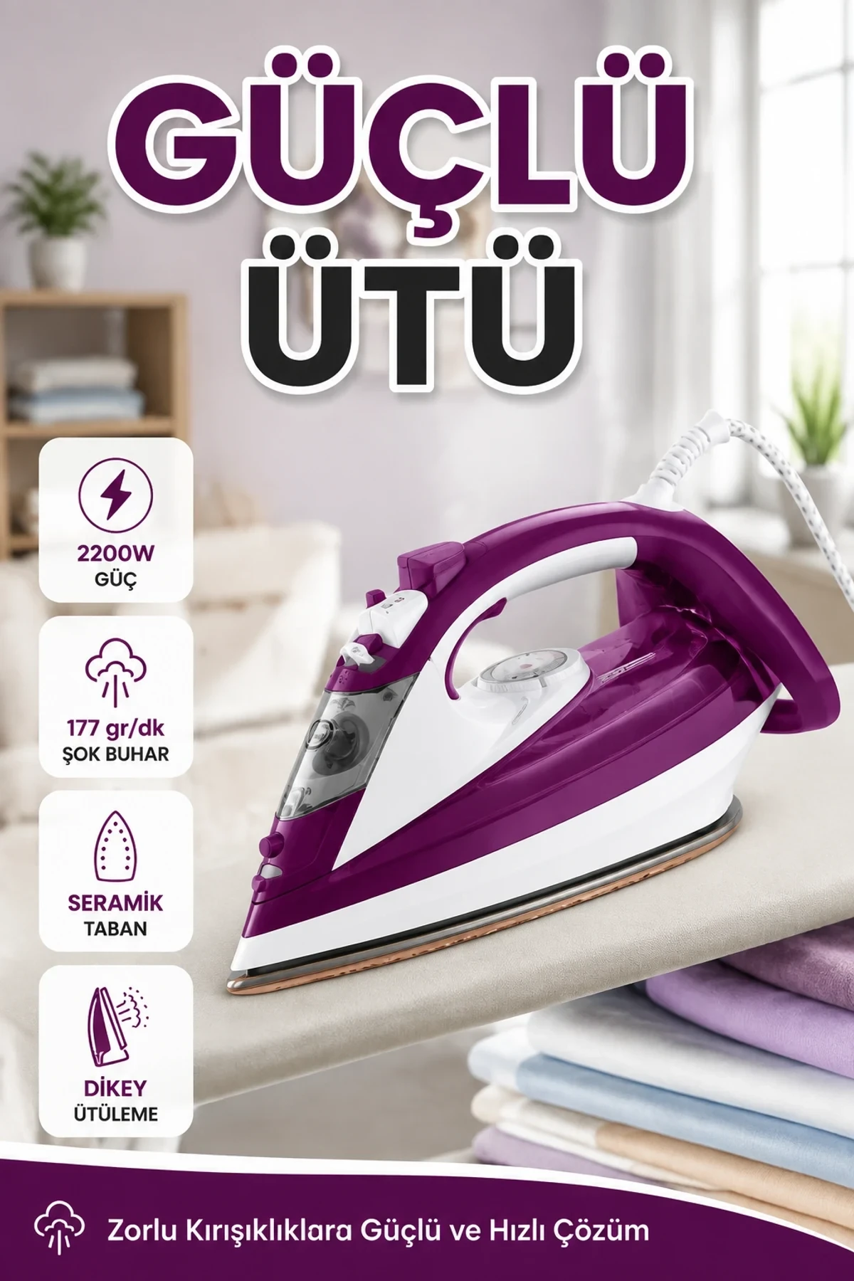 Mor Seramik Tabanlı 2200W Buharlı Ütü – 177 gr/dk Şok Buhar