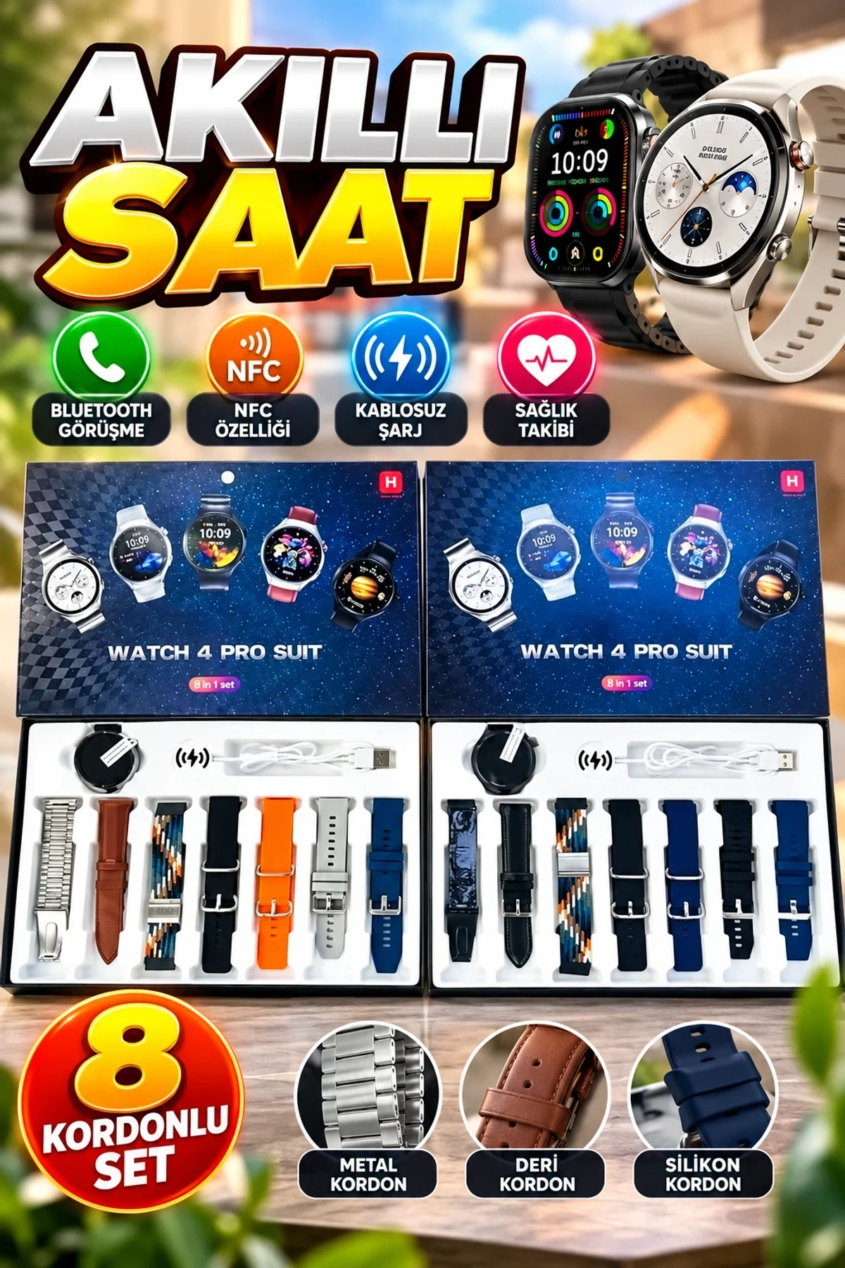 Watch 4 Pro Akıllı Saat 8 Kordonlu – Bluetooth Görüşme NFC Kablosuz Şarj