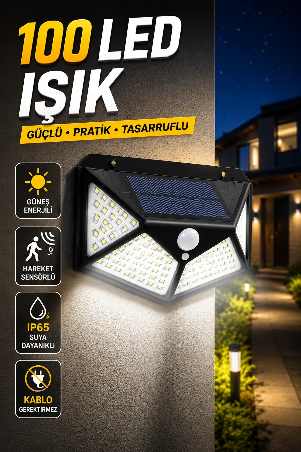 YX-100 100 LED Solar Bahçe Aydınlatma Lambası Hareket Sensörlü 3 Modlu