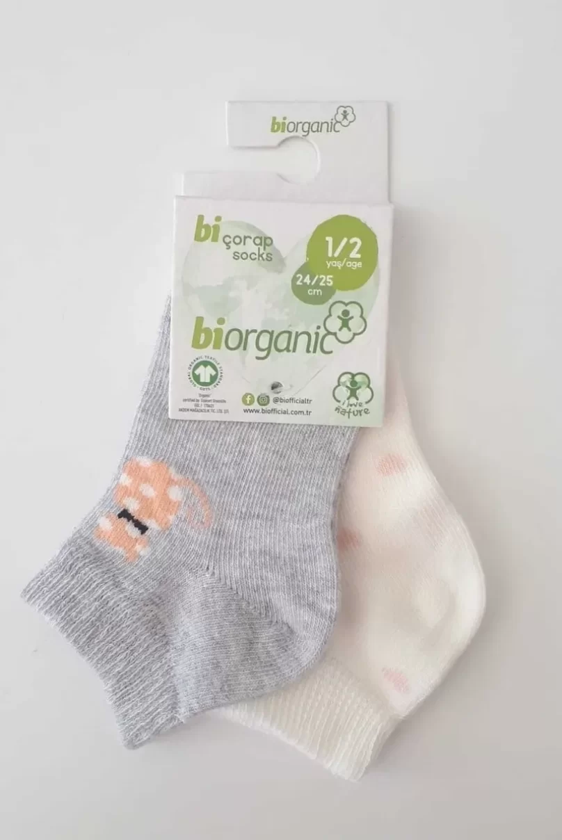 Bibaby Biorganic Cat 2Li Yaş Patik Çorap 68427 Ekru Gri