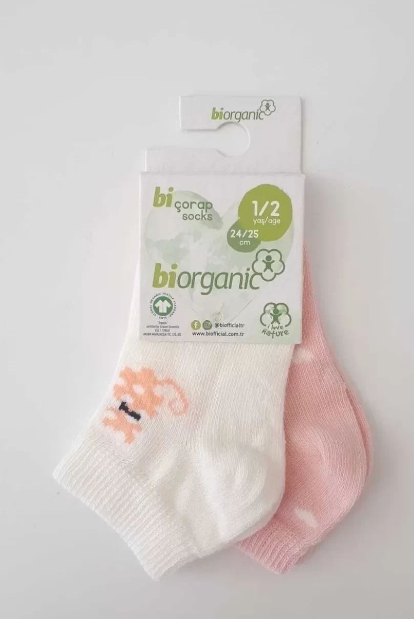 Bibaby Biorganic Cat 2Li Yaş Patik Çorap 68427 Pembe Ekru