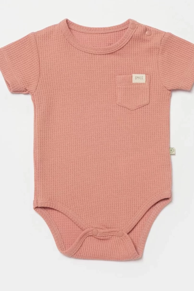 Bibaby Biorganic Waffle Smile Kısa Kol Bebek Body 56987 Red-Brown