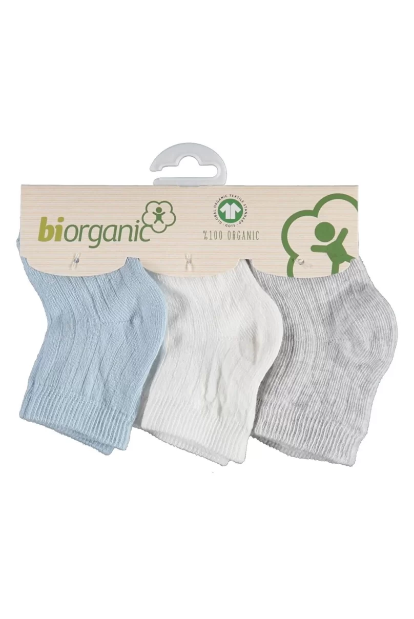 Bibaby Biorganik Desenli Basic 3Lü Çorap 68344 Beyaz-Mavi-Gri