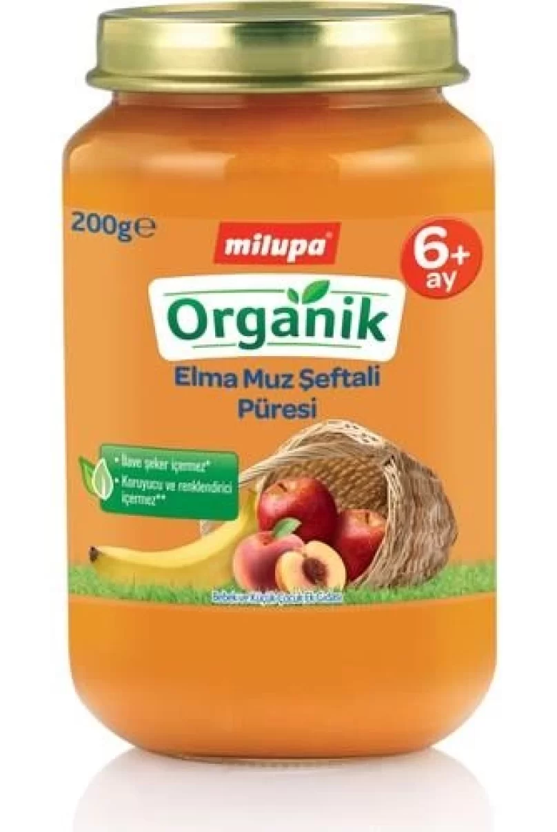 Milupa Organik Elma Muz Şeftali Püresi Kavanoz Maması 200 Gr