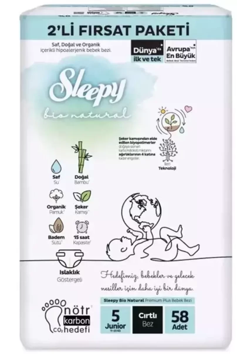 Sleepy Bio Natural Bebek Bezi 2Li Fırsat Paketi 5 Beden 58 Adet