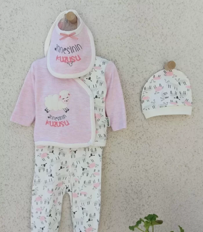 0-3 Ay Annesinin Kuzusu Şapka Önlük 5li Kız Bebek Alt&Üst Takımı