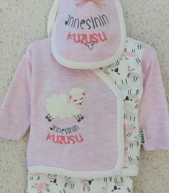 0-3 Ay Annesinin Kuzusu Şapka Önlük 5li Kız Bebek Alt&Üst Takımı