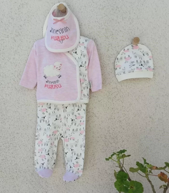 0-3 Ay Annesinin Kuzusu Şapka Önlük 5li Kız Bebek Alt&Üst Takımı