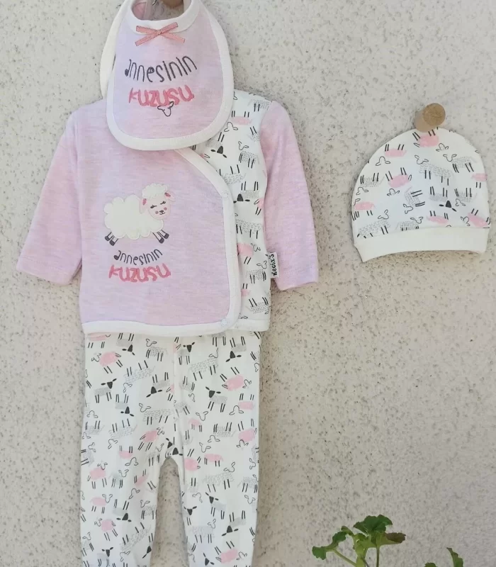 0-3 Ay Annesinin Kuzusu Şapka Önlük 5li Kız Bebek Alt&Üst Takımı