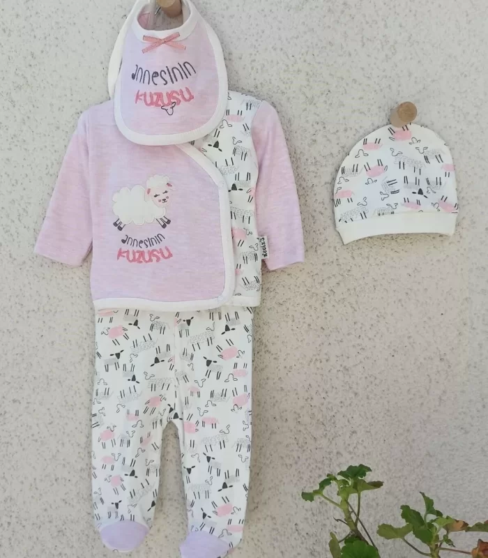 0-3 Ay Annesinin Kuzusu Şapka Önlük 5li Kız Bebek Alt&Üst Takımı