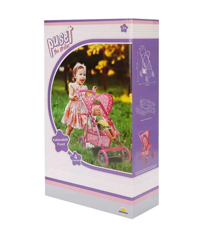 0664 Puantiye Desenli, 4 Tekerlekli ve Tenteli Oyuncak Puset - Sunman