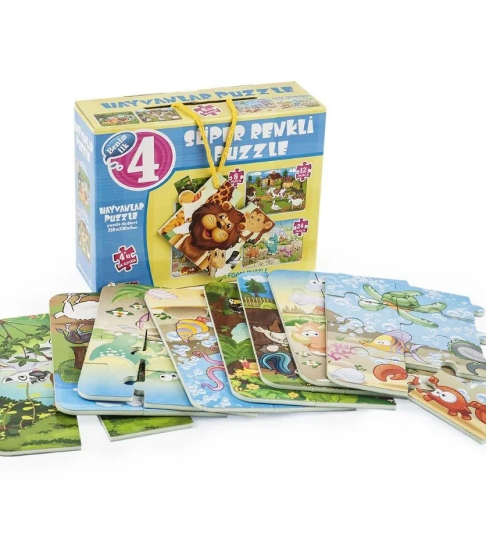 1481 DıyToy Süper Renkli 4lü Puzzle - Hayvanlar / 8+12+16+24 Parça Puzzle