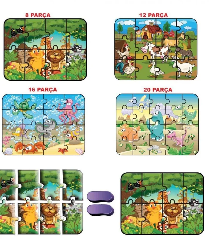 1481 DıyToy Süper Renkli 4lü Puzzle - Hayvanlar / 8+12+16+24 Parça Puzzle
