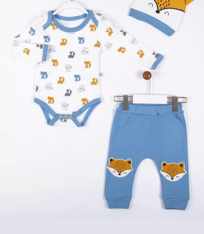 3-12 Ay Erkek Bebek Alt&Üst Takımı Little Fox 3lü Mavi