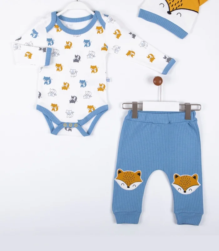 3-12 Ay Erkek Bebek Alt&Üst Takımı Little Fox 3lü Mavi