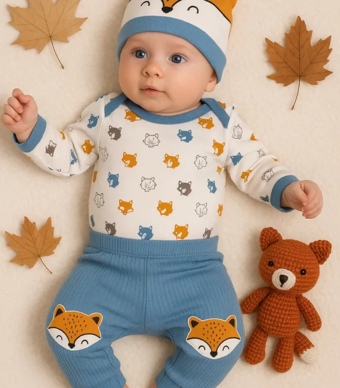 3-12 Ay Erkek Bebek Alt&Üst Takımı Little Fox 3lü Mavi