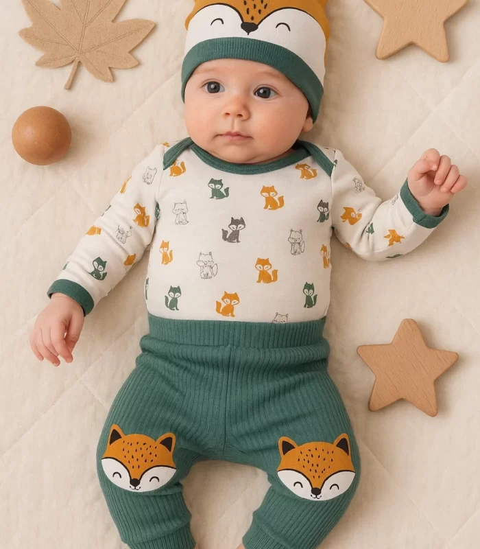 3-12 Ay Erkek Bebek Alt&Üst Takımı Little Fox 3lü Yeşil