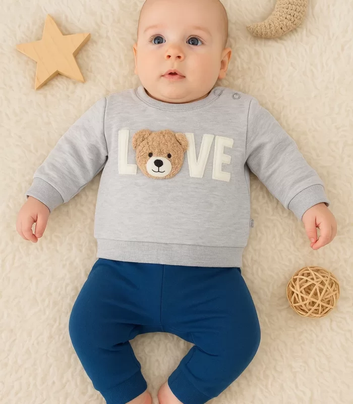 3-12 Ay Erkek Bebek Takımı Bear Love Nakışlı 2li Gri