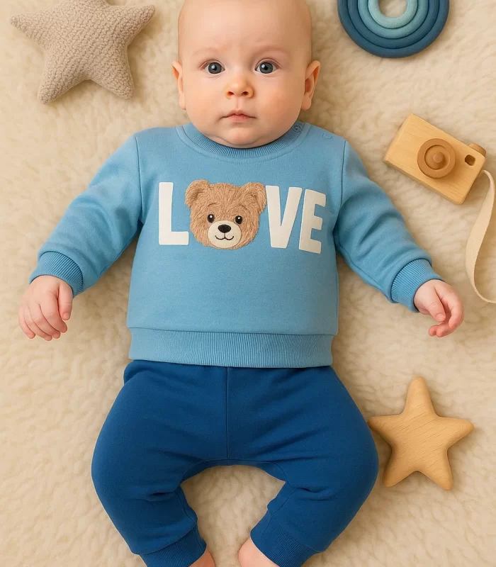 3-12 Ay Erkek Bebek Takımı Bear Love Nakışlı 2li Mavi