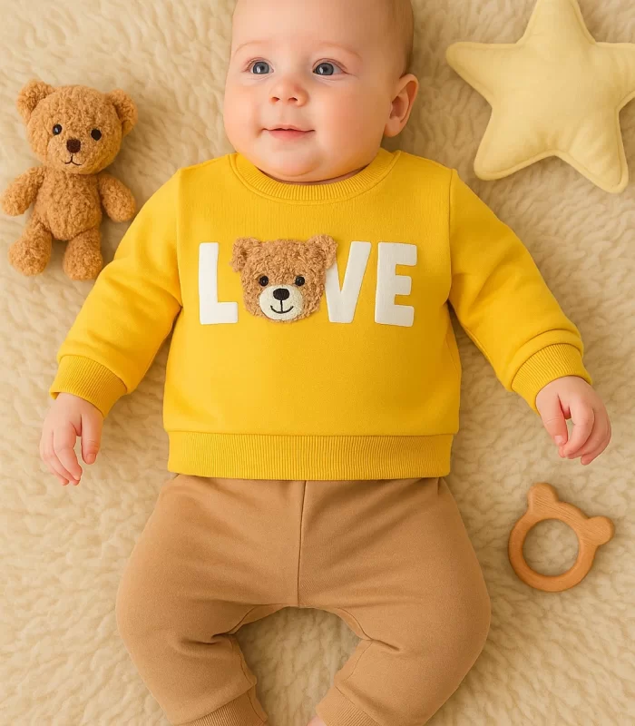 3-12 Ay Erkek Bebek Takımı Bear Love Nakışlı 2li Sarı
