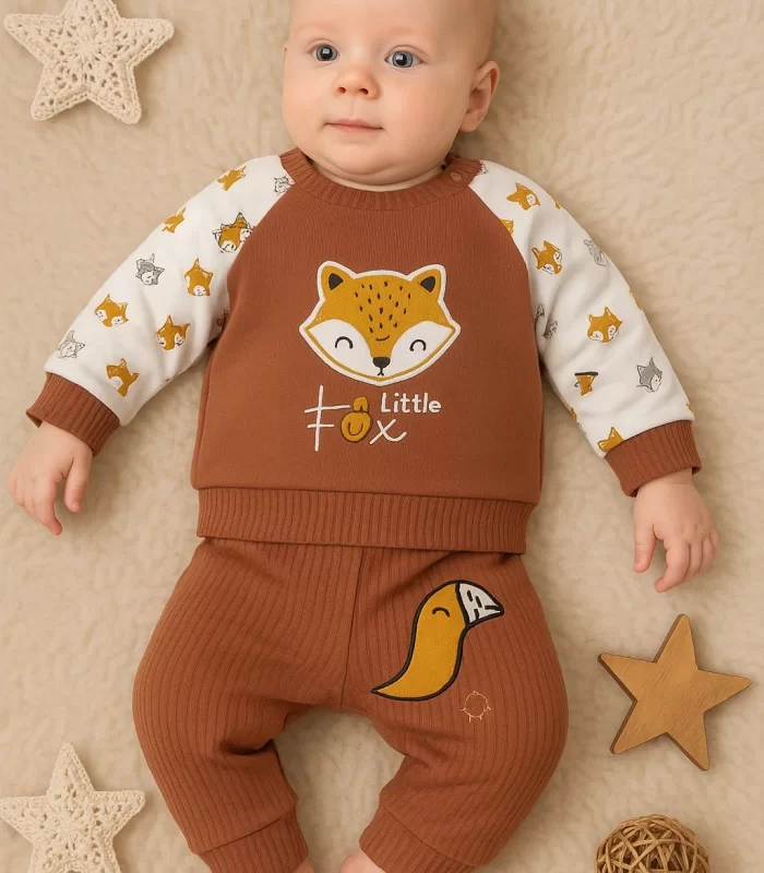 3-12 Ay Erkek Bebek Takımı Littie Fox Nakışlı 2li Kahverengi