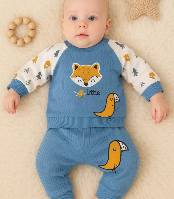 3-12 Ay Erkek Bebek Takımı Littie Fox Nakışlı 2li Mavi