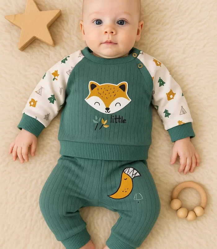 3-12 Ay Erkek Bebek Takımı Littie Fox Nakışlı 2li Yeşil